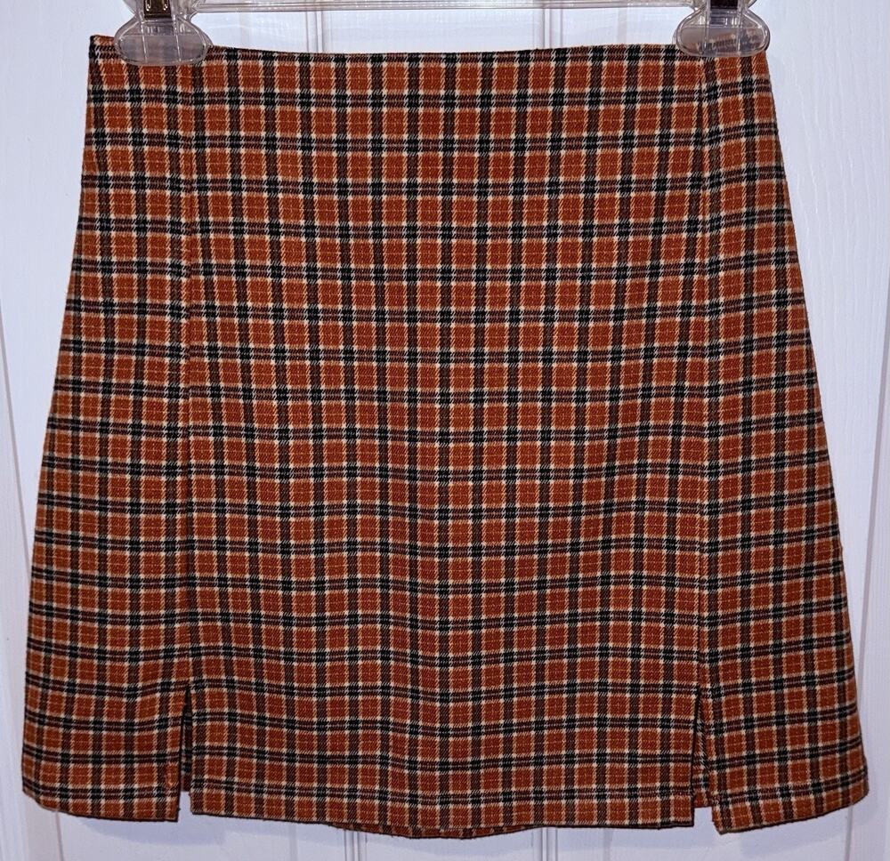 Brandy Melville John Galt Orange, Black & White Plaid Mini Skirt One Size